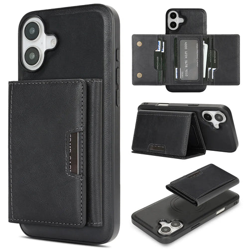 For iPhone 16 Kickstand Case Tri-fold Card Bag PU Leather Coated TPU Cover Compatible with MagSafe - Black - 1