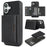 For iPhone 16 Kickstand Case Tri-fold Card Bag PU Leather Coated TPU Cover Compatible with MagSafe - Black - 1