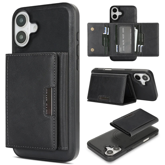For iPhone 16 Kickstand Case Tri-fold Card Bag PU Leather Coated TPU Cover Compatible with MagSafe - Black - 1