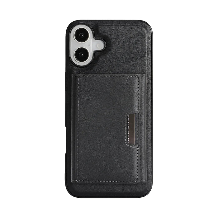 For iPhone 16 Kickstand Case Tri-fold Card Bag PU Leather Coated TPU Cover Compatible with MagSafe - Black - 2