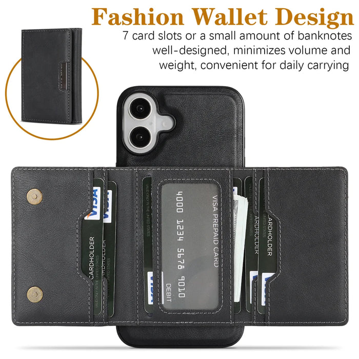 For iPhone 16 Kickstand Case Tri-fold Card Bag PU Leather Coated TPU Cover Compatible with MagSafe - Black - 3