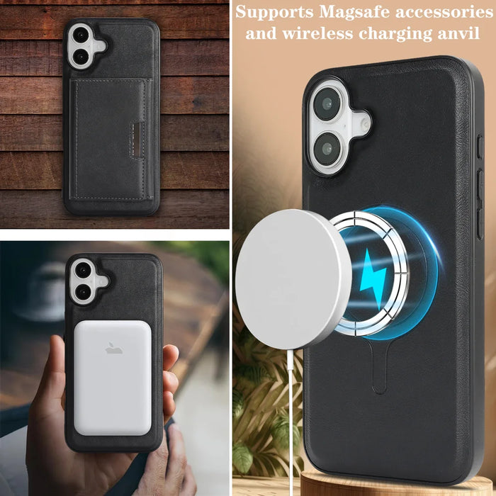 For iPhone 16 Kickstand Case Tri-fold Card Bag PU Leather Coated TPU Cover Compatible with MagSafe - Black - 4