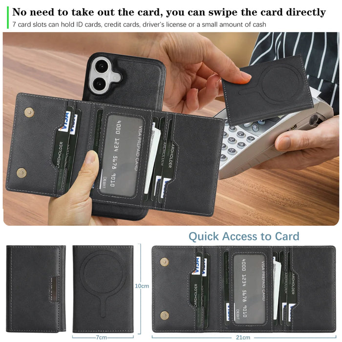 For iPhone 16 Kickstand Case Tri-fold Card Bag PU Leather Coated TPU Cover Compatible with MagSafe - Black - 7