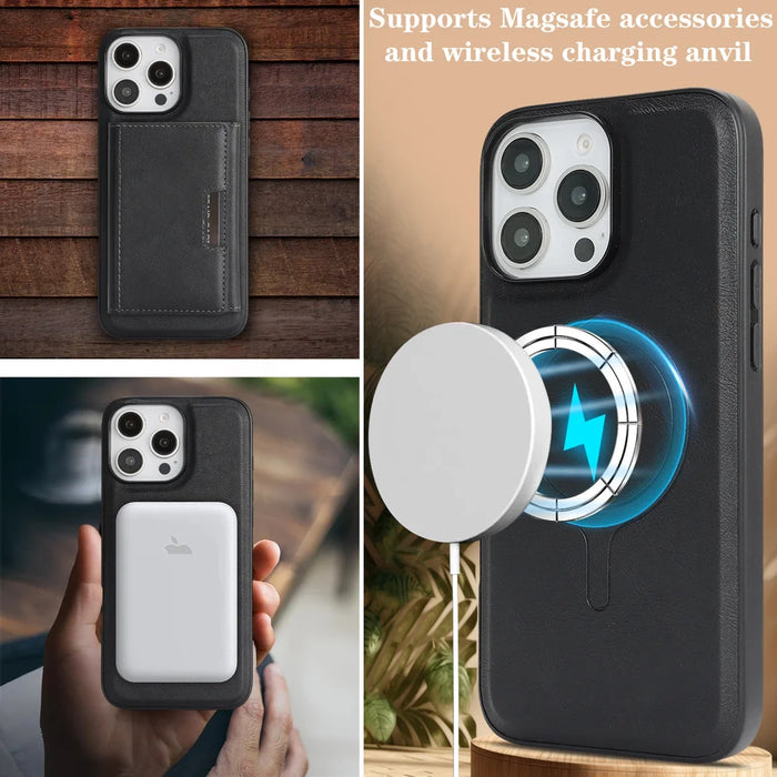 For iPhone 16 Pro Kickstand Case Tri-fold Card Bag PU Leather Coated TPU Cover Compatible with MagSafe - Black - 4