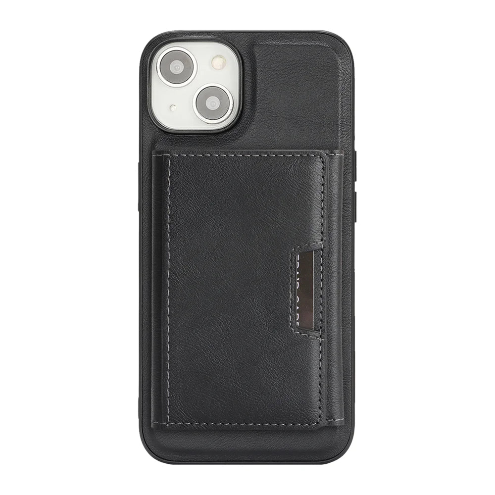 For iPhone 15 Kickstand Case Tri-fold Card Bag PU Leather Coated TPU Cover Compatible with MagSafe - Black - 2