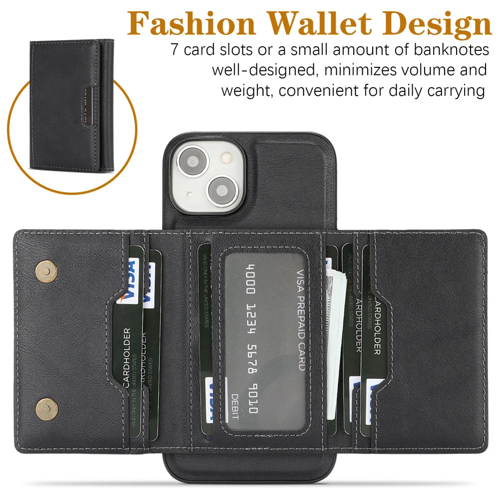 For iPhone 15 Kickstand Case Tri-fold Card Bag PU Leather Coated TPU Cover Compatible with MagSafe - Black - 3