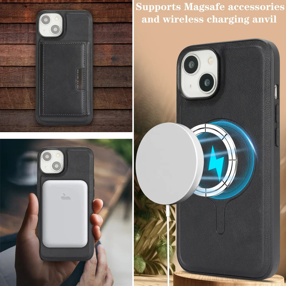 For iPhone 15 Kickstand Case Tri-fold Card Bag PU Leather Coated TPU Cover Compatible with MagSafe - Black - 4