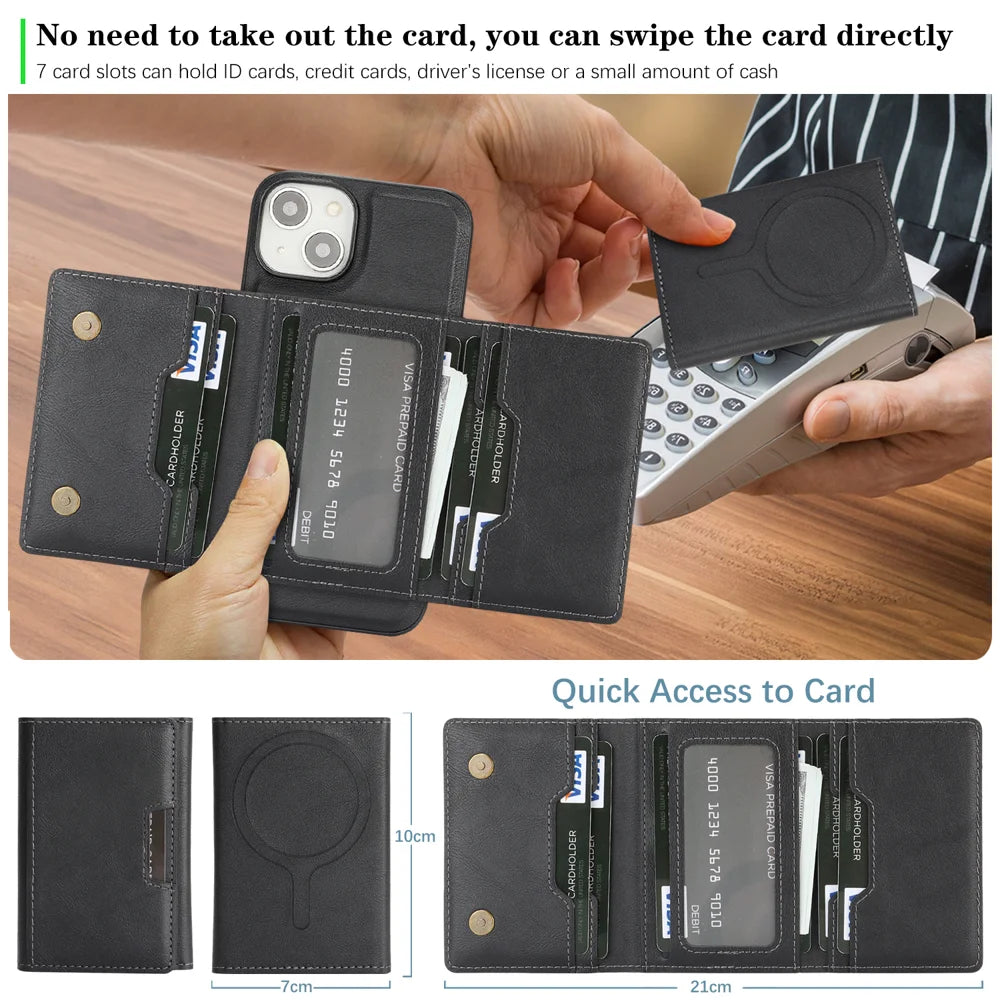 For iPhone 15 Kickstand Case Tri-fold Card Bag PU Leather Coated TPU Cover Compatible with MagSafe - Black - 7