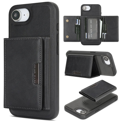 For iPhone 17e / 16e Kickstand Case Tri-fold Card Bag PU Leather Coated TPU Cover Compatible with MagSafe - Black - 1
