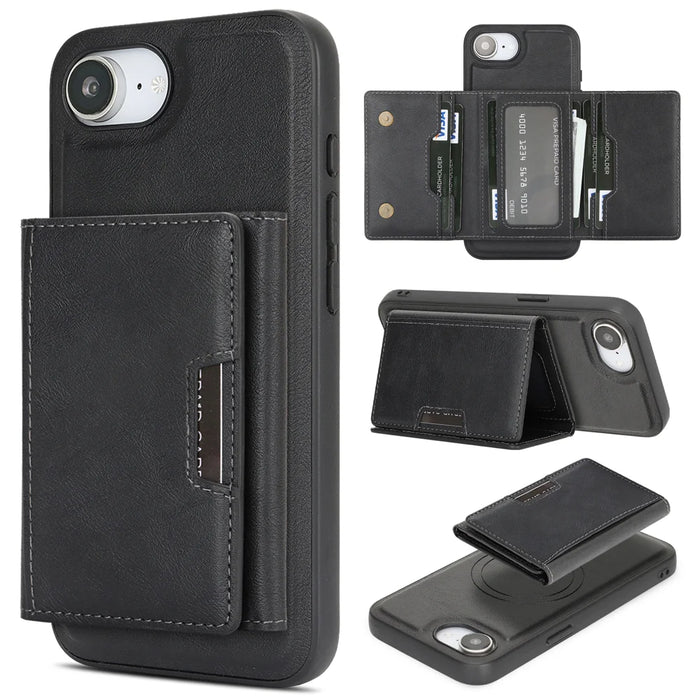 For iPhone 17e / 16e Kickstand Case Tri-fold Card Bag PU Leather Coated TPU Cover Compatible with MagSafe - Black - 1