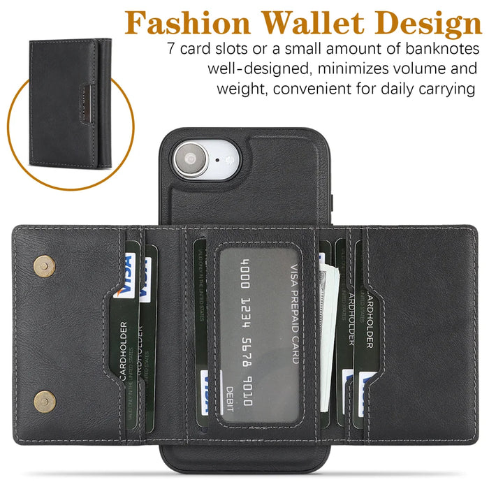 For iPhone 17e / 16e Kickstand Case Tri-fold Card Bag PU Leather Coated TPU Cover Compatible with MagSafe - Black - 3
