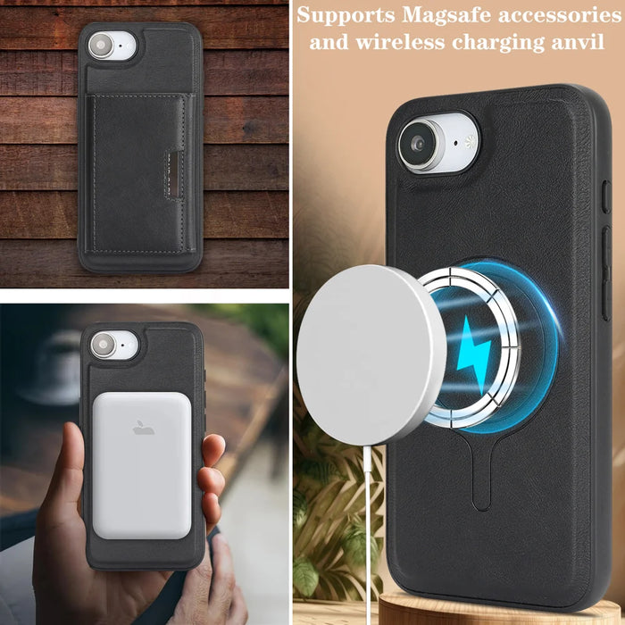 For iPhone 17e / 16e Kickstand Case Tri-fold Card Bag PU Leather Coated TPU Cover Compatible with MagSafe - Black - 4