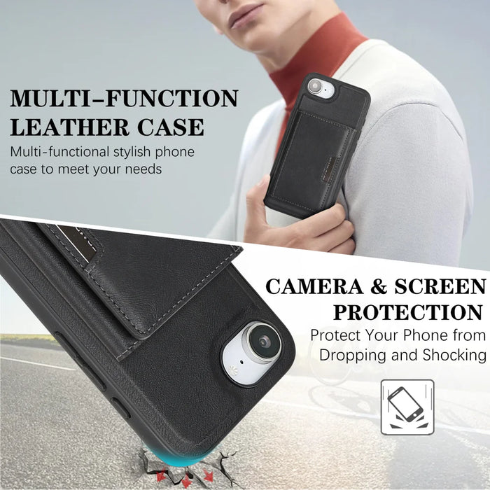 For iPhone 17e / 16e Kickstand Case Tri-fold Card Bag PU Leather Coated TPU Cover Compatible with MagSafe - Black - 6