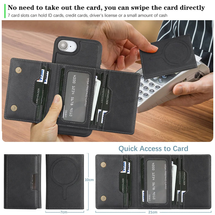 For iPhone 17e / 16e Kickstand Case Tri-fold Card Bag PU Leather Coated TPU Cover Compatible with MagSafe - Black - 7