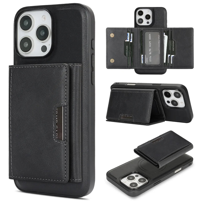 For iPhone 14 Pro Max Kickstand Case Tri-fold Card Bag PU Leather Coated TPU Cover Compatible with MagSafe - Black - 1