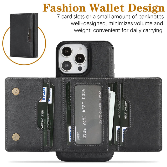 For iPhone 14 Pro Max Kickstand Case Tri-fold Card Bag PU Leather Coated TPU Cover Compatible with MagSafe - Black - 3