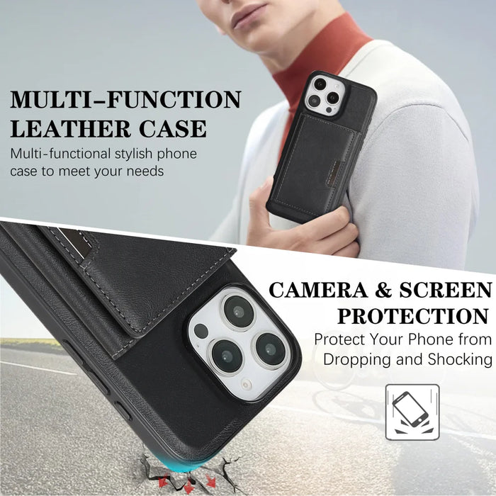 For iPhone 14 Pro Max Kickstand Case Tri-fold Card Bag PU Leather Coated TPU Cover Compatible with MagSafe - Black - 6
