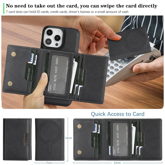 For iPhone 14 Pro Max Kickstand Case Tri-fold Card Bag PU Leather Coated TPU Cover Compatible with MagSafe - Black - 7