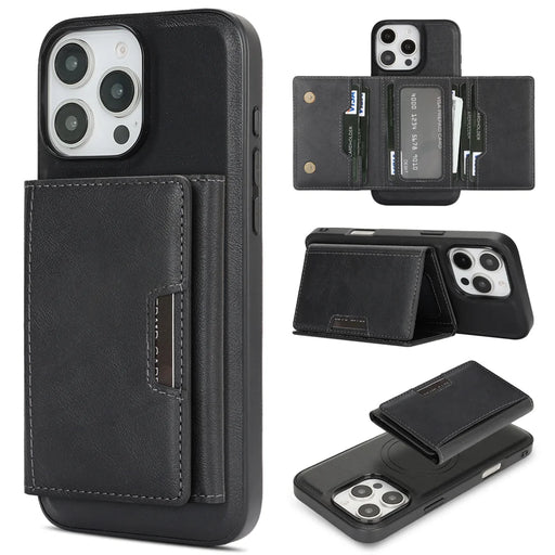 For iPhone 14 Pro Kickstand Case Tri-fold Card Bag PU Leather Coated TPU Cover Compatible with MagSafe - Black - 1