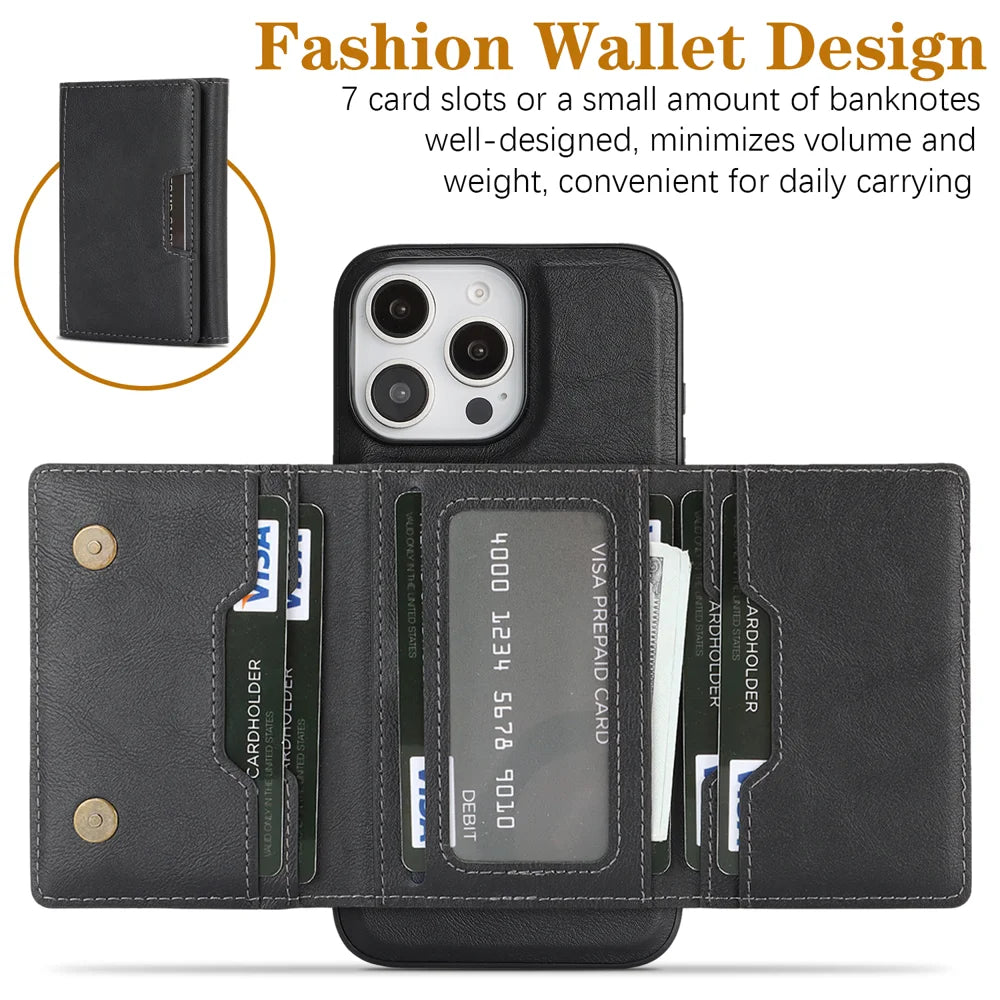 For iPhone 14 Pro Kickstand Case Tri-fold Card Bag PU Leather Coated TPU Cover Compatible with MagSafe - Black - 3