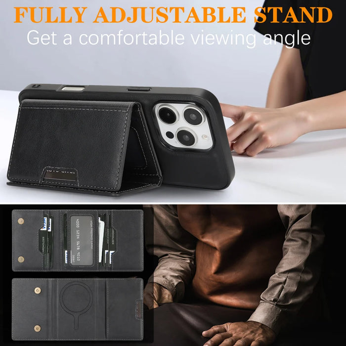 For iPhone 14 Pro Kickstand Case Tri-fold Card Bag PU Leather Coated TPU Cover Compatible with MagSafe - Black - 5