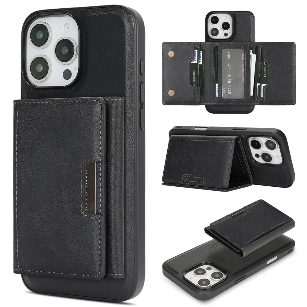 For iPhone 13 Pro Max Kickstand Case Tri-fold Card Bag PU Leather Coated TPU Cover Compatible with MagSafe - Black - 1