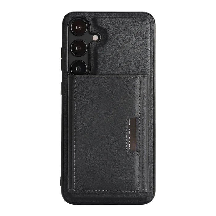 For Samsung Galaxy S25+ Kickstand Case Tri-fold Card Bag PU Leather Coated TPU Cover Magnetic Case - Black - 2