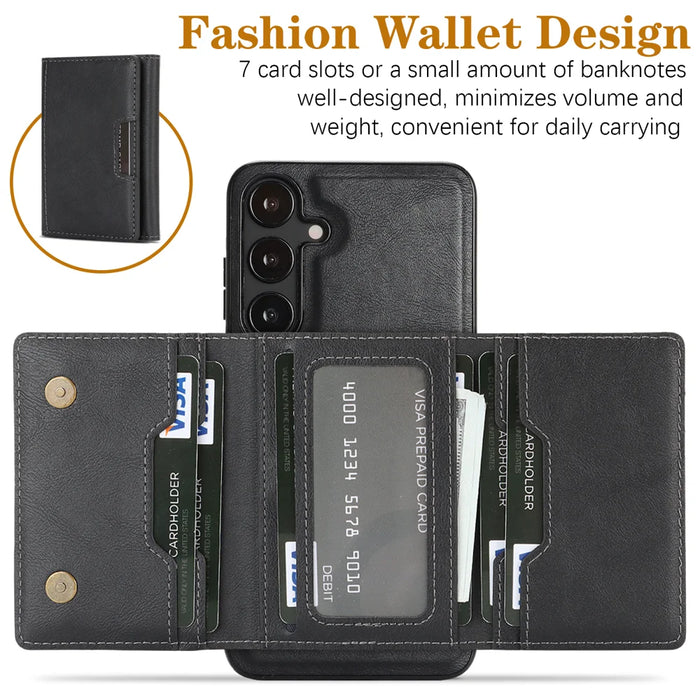 For Samsung Galaxy S25+ Kickstand Case Tri-fold Card Bag PU Leather Coated TPU Cover Magnetic Case - Black - 3