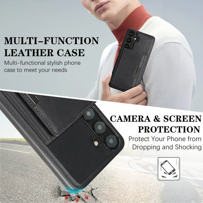 For Samsung Galaxy S25+ Kickstand Case Tri-fold Card Bag PU Leather Coated TPU Cover Magnetic Case - Black - 6