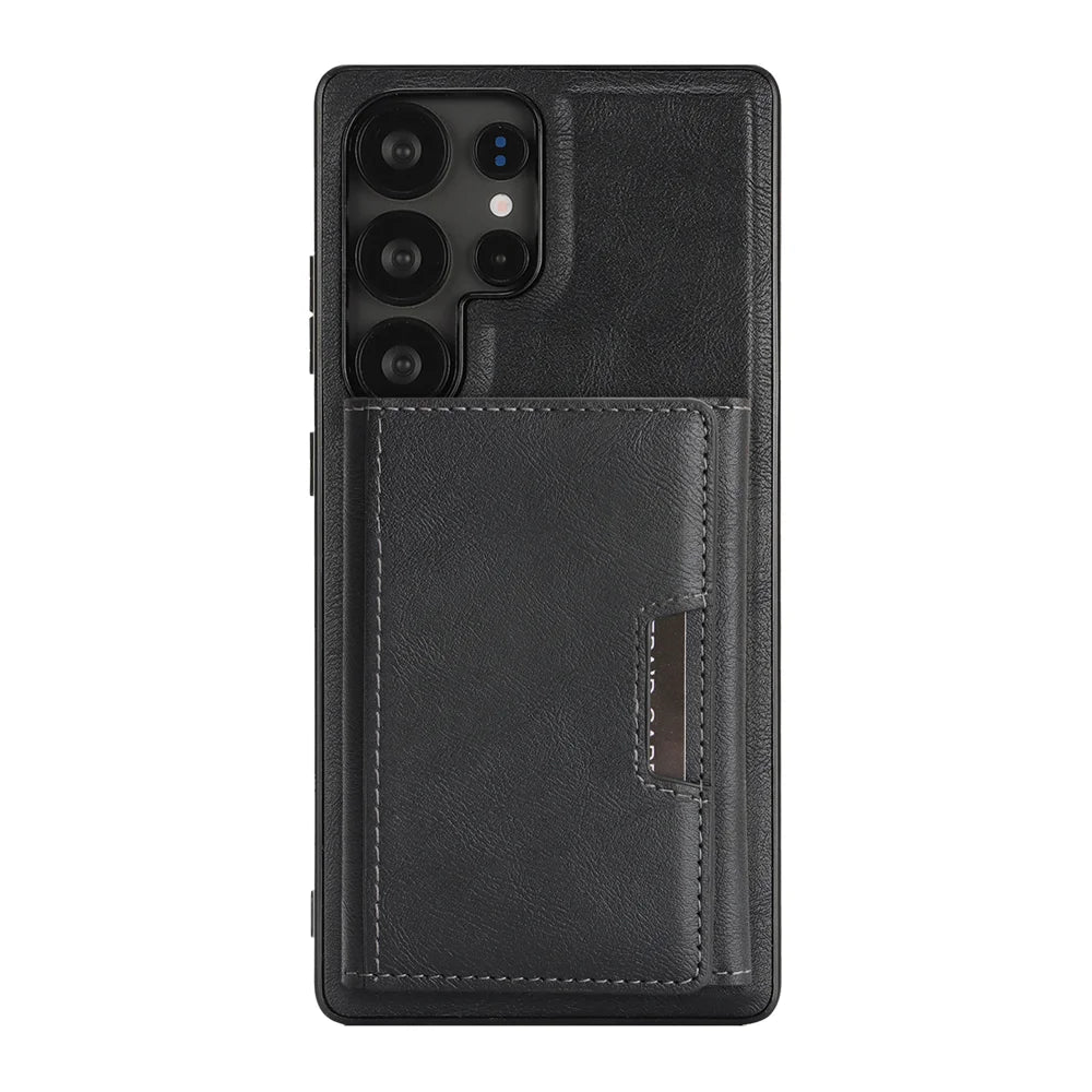 For Samsung Galaxy S23 Ultra Kickstand Case Tri-fold Card Bag PU Leather Coated TPU Cover Magnetic Case - Black - 2