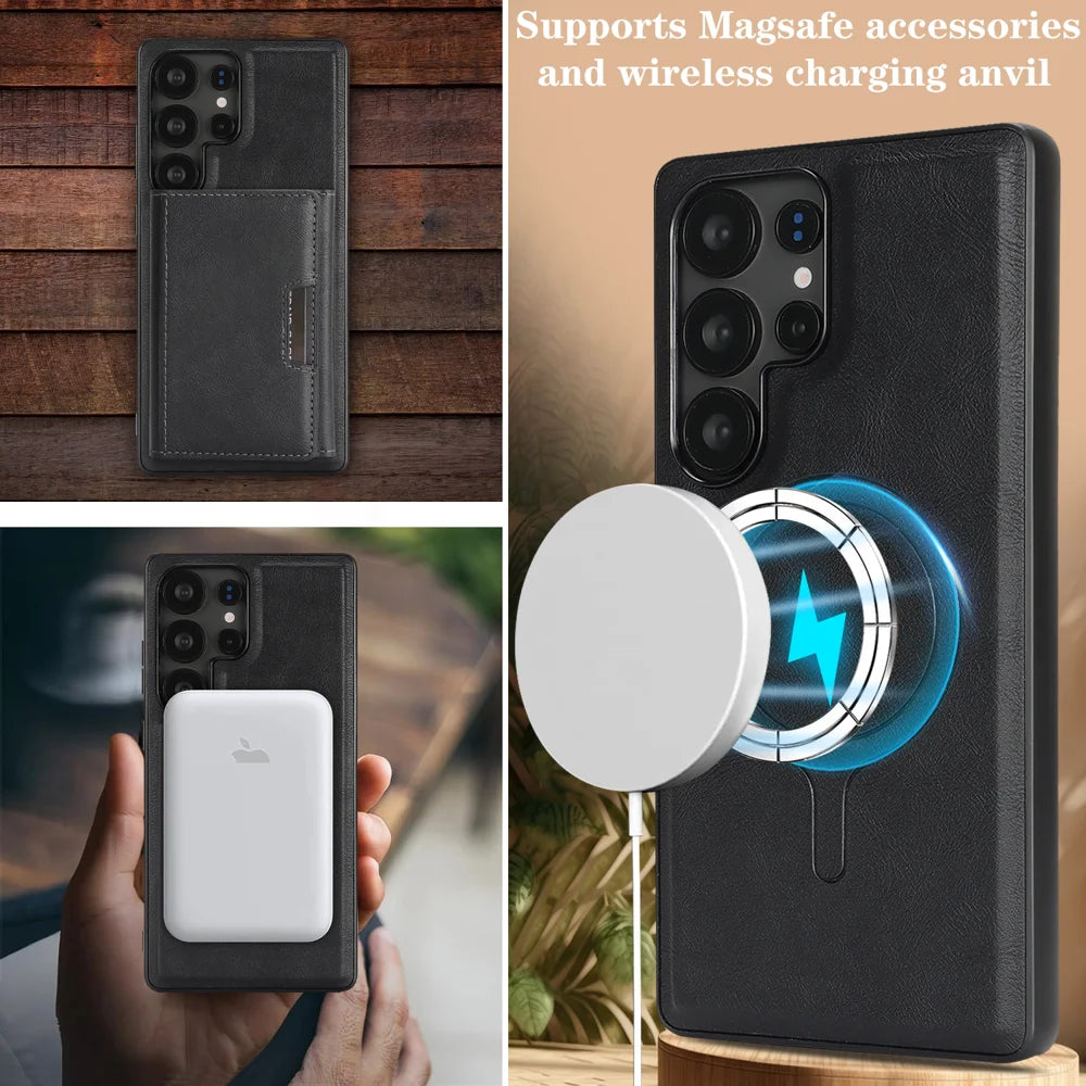 For Samsung Galaxy S23 Ultra Kickstand Case Tri-fold Card Bag PU Leather Coated TPU Cover Magnetic Case - Black - 4