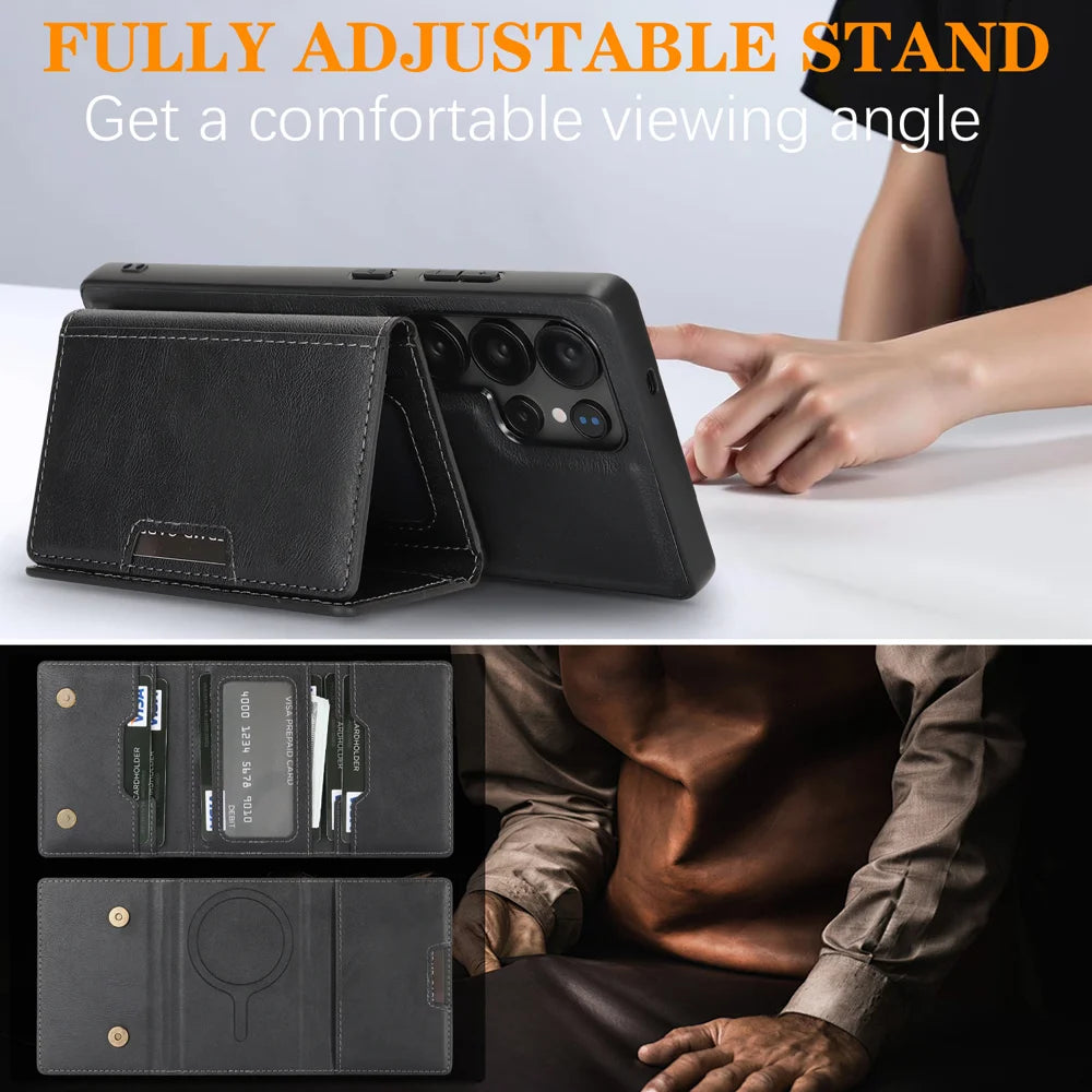 For Samsung Galaxy S23 Ultra Kickstand Case Tri-fold Card Bag PU Leather Coated TPU Cover Magnetic Case - Black - 5