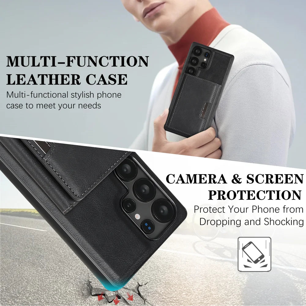 For Samsung Galaxy S23 Ultra Kickstand Case Tri-fold Card Bag PU Leather Coated TPU Cover Magnetic Case - Black - 6