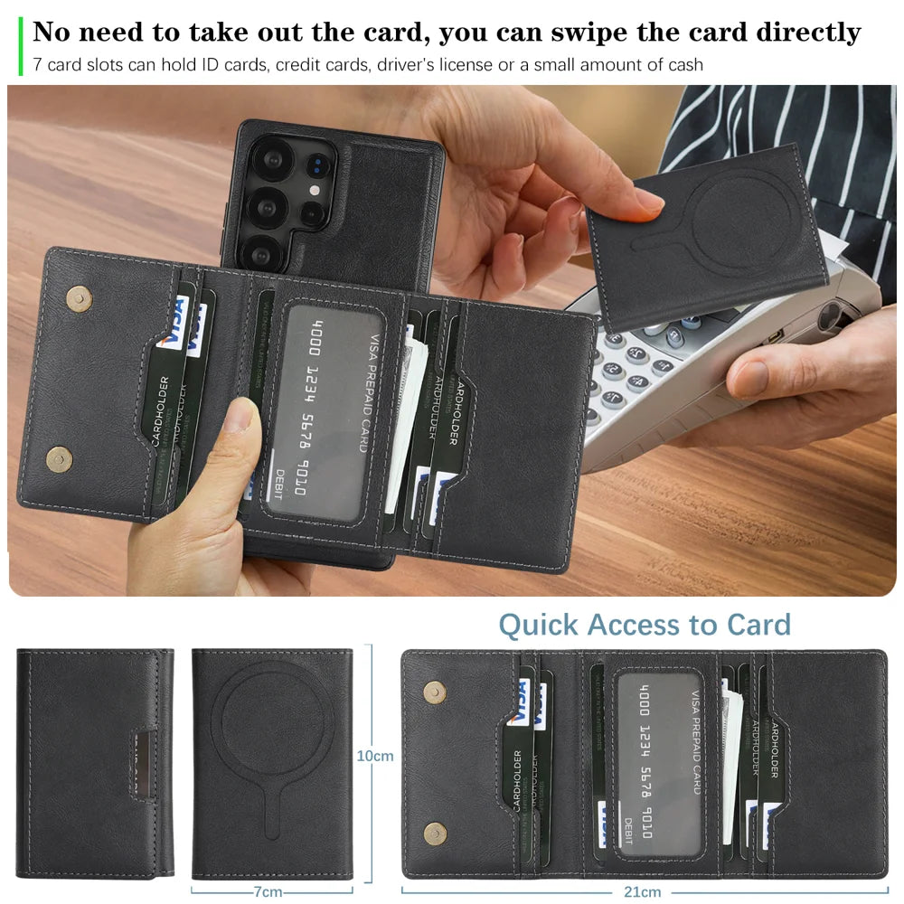 For Samsung Galaxy S23 Ultra Kickstand Case Tri-fold Card Bag PU Leather Coated TPU Cover Magnetic Case - Black - 7