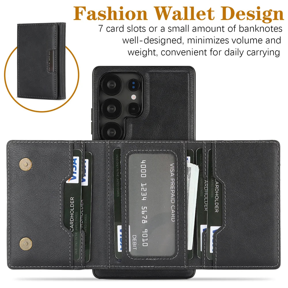 For Samsung Galaxy S24 Ultra Kickstand Case Tri-fold Card Bag PU Leather Coated TPU Cover Magnetic Case - Black - 3