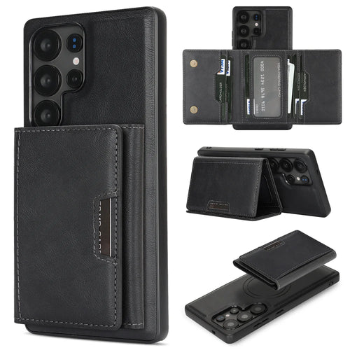 For Samsung Galaxy S25 Ultra Kickstand Case Tri-fold Card Bag PU Leather Coated TPU Cover Magnetic Case - Black - 1