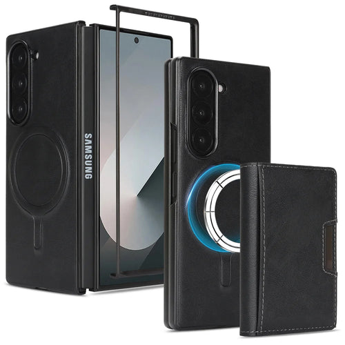 For Samsung Galaxy Z Fold6 5G Kickstand Case Tri-fold Card Bag PU Leather Coated TPU Cover Magnetic Case - Black - 1