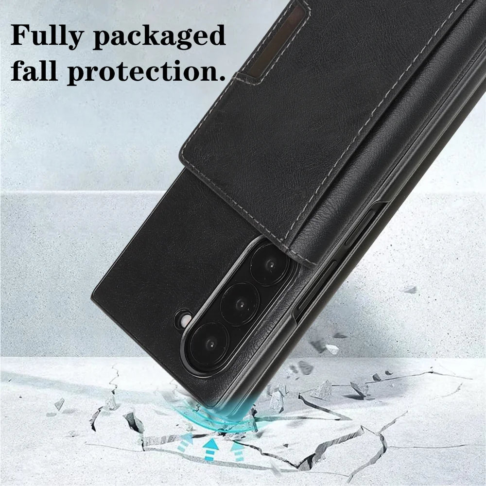 For Samsung Galaxy Z Fold6 5G Kickstand Case Tri-fold Card Bag PU Leather Coated TPU Cover Magnetic Case - Black - 3
