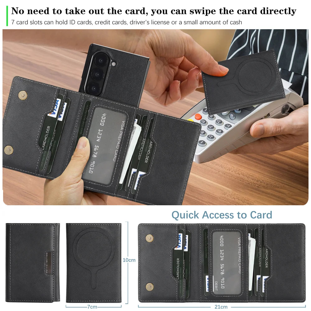 For Samsung Galaxy Z Fold6 5G Kickstand Case Tri-fold Card Bag PU Leather Coated TPU Cover Magnetic Case - Black - 7