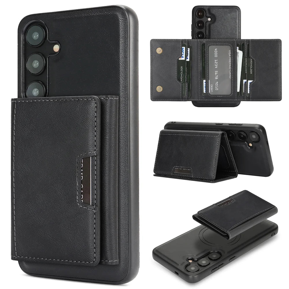 For Samsung Galaxy S25 Kickstand Case Tri-fold Card Bag PU Leather Coated TPU Cover Magnetic Case - Black - 1