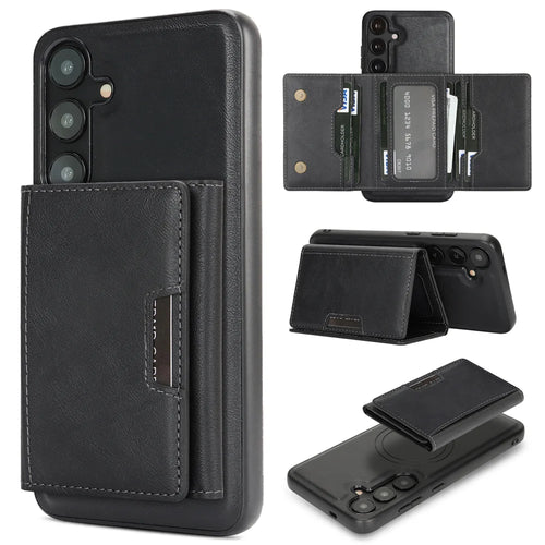 For Samsung Galaxy S25 Kickstand Case Tri-fold Card Bag PU Leather Coated TPU Cover Magnetic Case - Black - 1