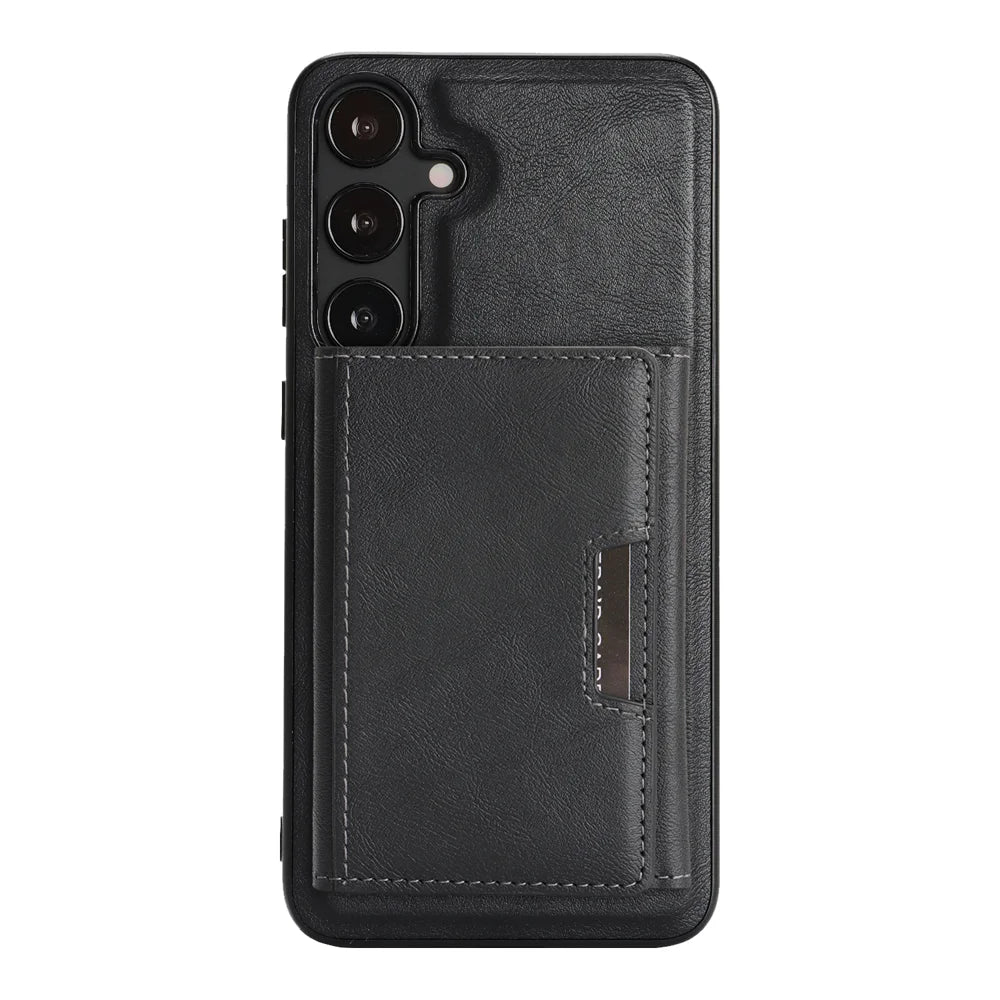 For Samsung Galaxy S25 Kickstand Case Tri-fold Card Bag PU Leather Coated TPU Cover Magnetic Case - Black - 2
