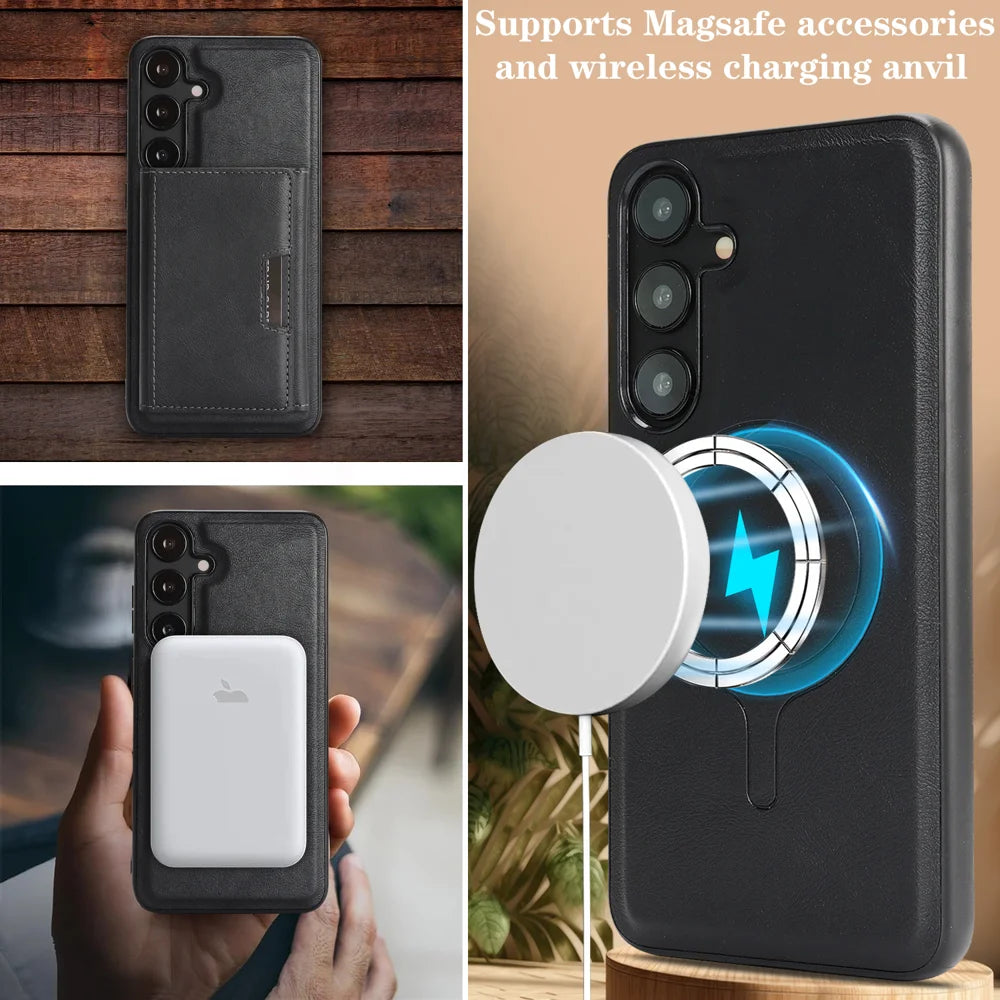 For Samsung Galaxy S25 Kickstand Case Tri-fold Card Bag PU Leather Coated TPU Cover Magnetic Case - Black - 4