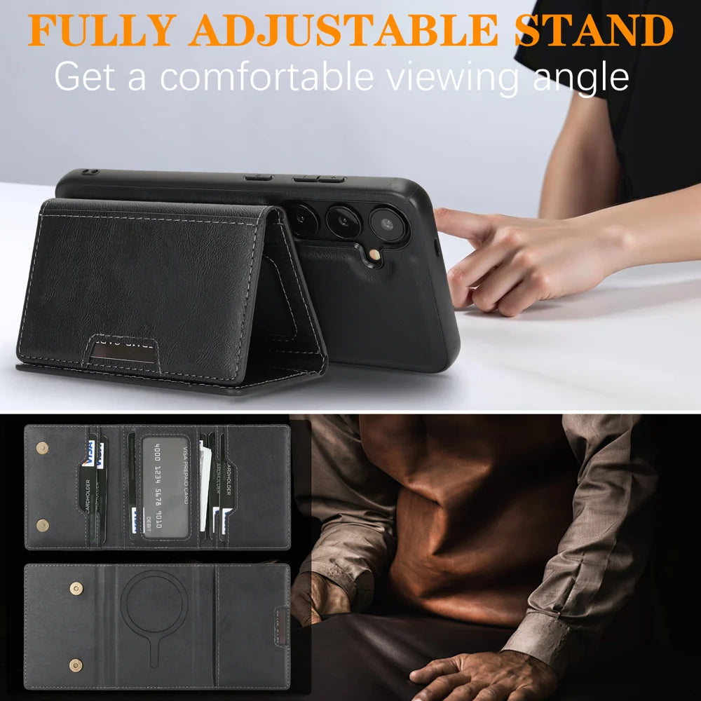 For Samsung Galaxy S25 Kickstand Case Tri-fold Card Bag PU Leather Coated TPU Cover Magnetic Case - Black - 5