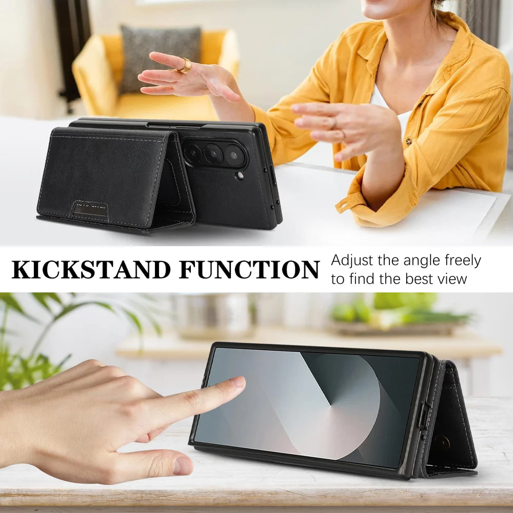 For Samsung Galaxy Z Fold7 5G Kickstand Case Tri-fold Card Bag PU Leather Coated TPU Cover Magnetic Case - Black - 5
