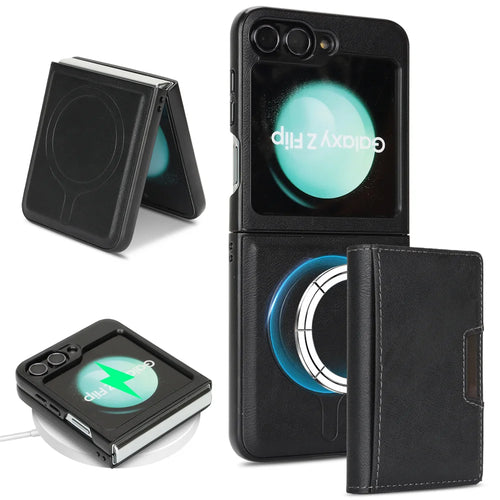 For Samsung Galaxy Z Flip6 5G Kickstand Case Tri-fold Card Bag PU Leather Coated TPU Cover Magnetic Case - Black - 1