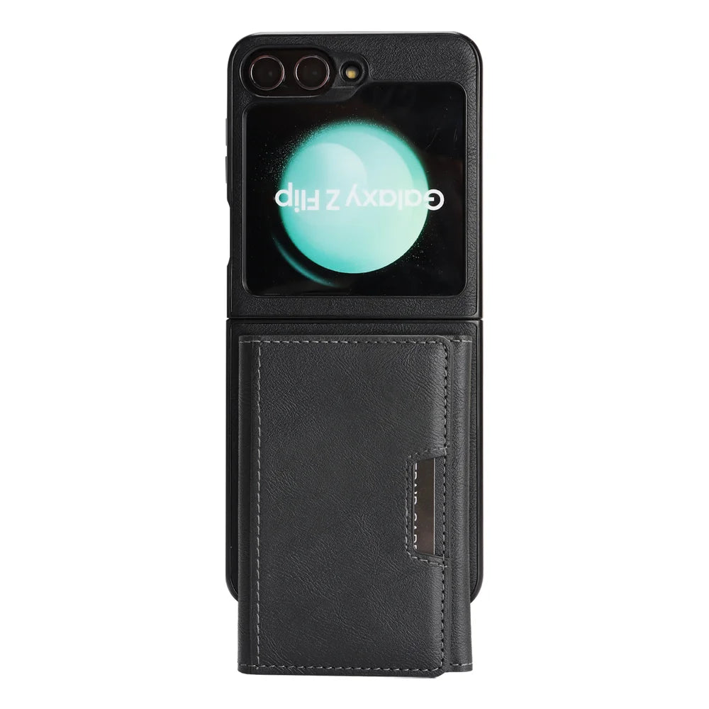 For Samsung Galaxy Z Flip6 5G Kickstand Case Tri-fold Card Bag PU Leather Coated TPU Cover Magnetic Case - Black - 2