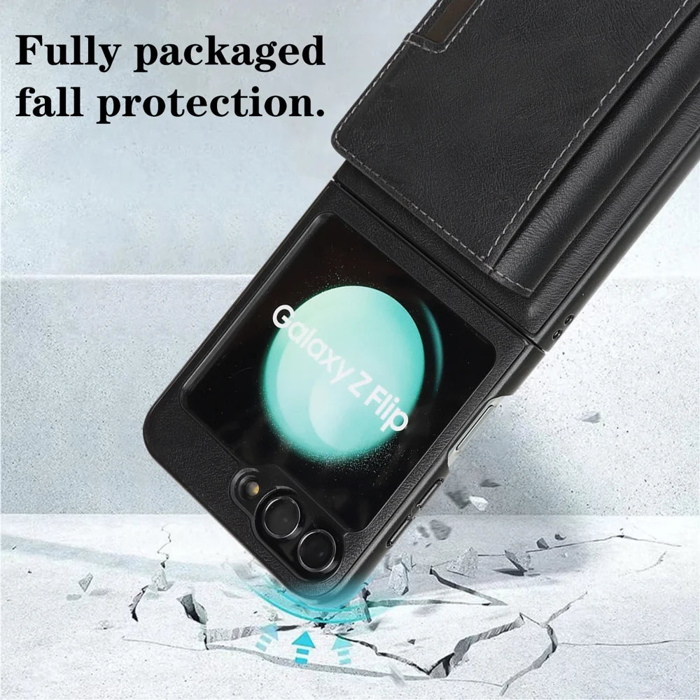 For Samsung Galaxy Z Flip6 5G Kickstand Case Tri-fold Card Bag PU Leather Coated TPU Cover Magnetic Case - Black - 3