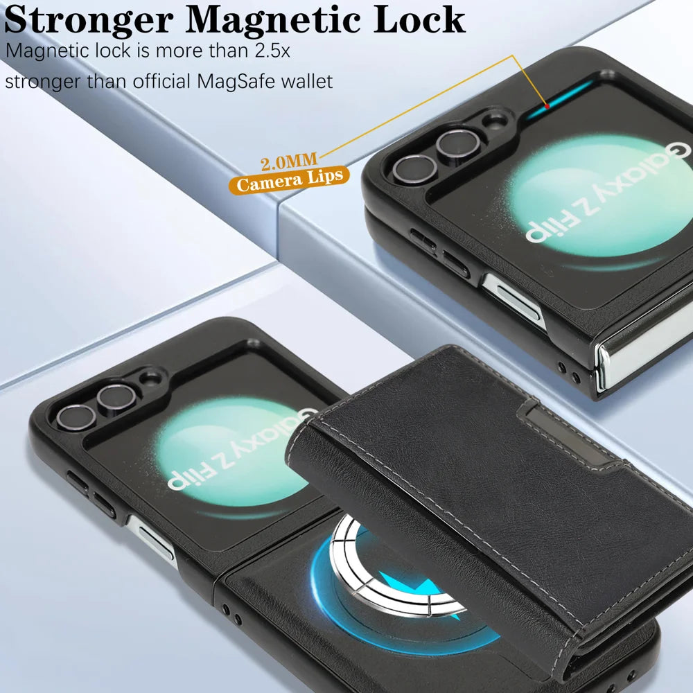 For Samsung Galaxy Z Flip6 5G Kickstand Case Tri-fold Card Bag PU Leather Coated TPU Cover Magnetic Case - Black - 5