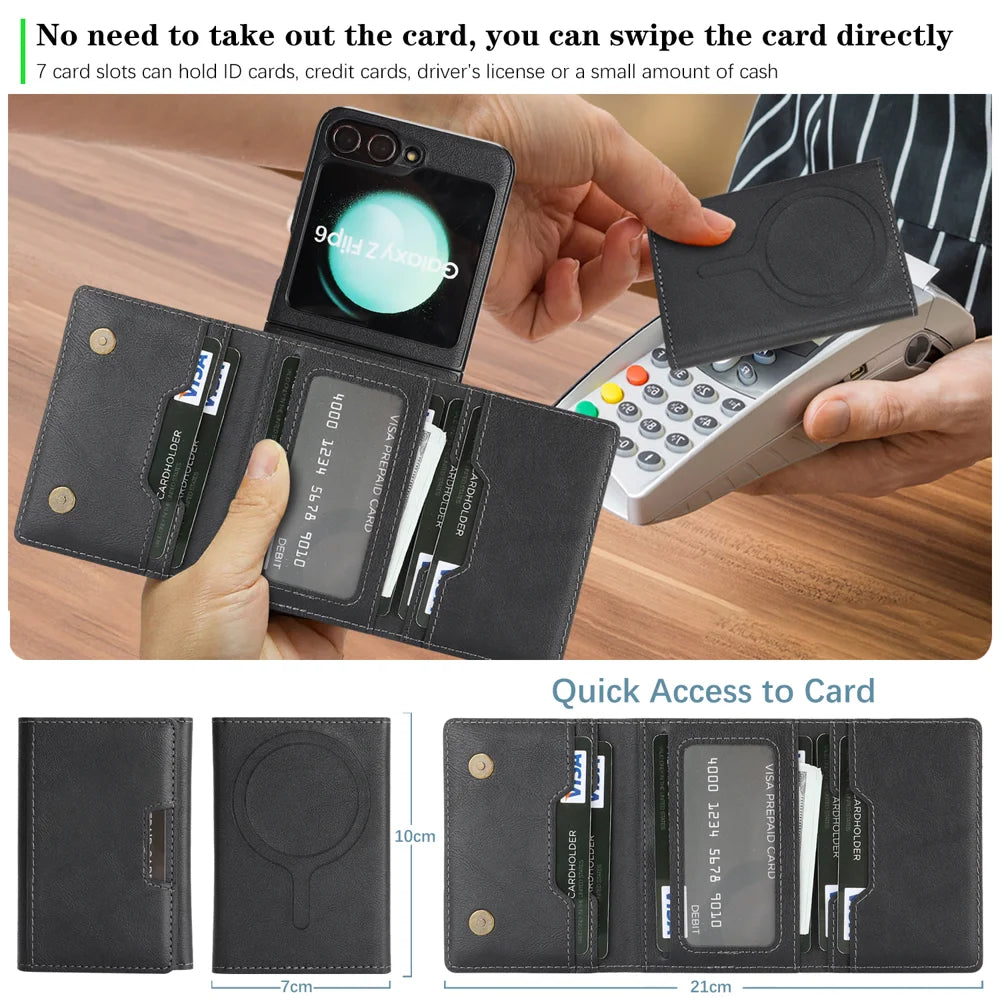 For Samsung Galaxy Z Flip6 5G Kickstand Case Tri-fold Card Bag PU Leather Coated TPU Cover Magnetic Case - Black - 7
